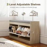 HOMCOM Shoe Bench with Flip Doors, Seat Cushion, Adjustable Shelves for 8 Pairs, Boho Entryway Bench for Bedroom, Natural Wood(m-7)