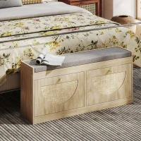 HOMCOM Shoe Bench with Flip Doors, Seat Cushion, Adjustable Shelves for 8 Pairs, Boho Entryway Bench for Bedroom, Natural Wood(m-10)