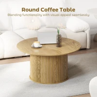 HOMCOM 31.5" Round Coffee Table, Nordic Style Center Table with Fluted Cylindrical Base for Living Room, Oak(m-4)