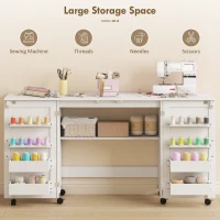 HOMCOM Folding Craft Table, Rolling Sewing Machine Table with Magnetic Doors, Bins, Pegs, Storage Shelf, Lockable Wheels, White(m-5)