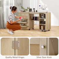 HOMCOM Sewing Machine Table with Drop Leaf, Folding Craft Table Rattan Door and Storage Shelves for Small Spaces, Natural(m-9)