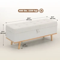 HOMCOM Storage Ottoman Bench, Foot Rest with Lift-Up Lid and Wood Legs, Linen Storage Chest for Living Room, Cream White(m-3)