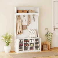 HOMCOM 4-In-1 Hall Tree with Bench and Shoe Storage, Farmhouse Coat Rack Shoe Bench with 12 Shoe Cubbies, 6 Hooks, White(m-9)