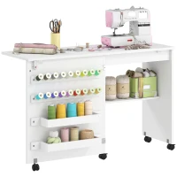 HOMCOM Sewing Machine Table on Wheels, Folding Craft Table with 2 Bins, Storage Shelf, 18 Pegs, Lockable Wheels, White(m-11)