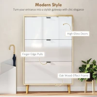 HOMCOM Narrow Shoe Cabinet, High Gloss Shoe Storage Cabinet with 3 Flip Drawers and Adjustable Shelves, Holds 24 Pairs, White(m-4)