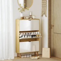 HOMCOM Narrow Shoe Cabinet, High Gloss Shoe Storage Cabinet with 3 Flip Drawers and Adjustable Shelves, Holds 24 Pairs, White(m-9)