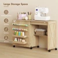 HOMCOM Sewing Machine Table on Wheels, Folding Craft Table with 2 Bins, Storage Shelf, 18 Pegs, Lockable Wheels, Natural(m-4)