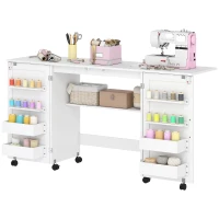 HOMCOM Folding Craft Table, Rolling Sewing Machine Table with Magnetic Doors, Bins, Pegs, Storage Shelf, Lockable Wheels, White(m-2)