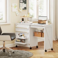 HOMCOM Sewing Machine Table on Wheels, Folding Craft Table with 2 Bins, Storage Shelf, 18 Pegs, Lockable Wheels, White(m-10)