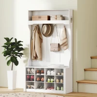 HOMCOM 4-In-1 Hall Tree with Bench and Shoe Storage, Farmhouse Coat Rack Shoe Bench with 12 Shoe Cubbies, 6 Hooks, White(m-8)