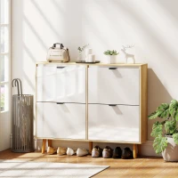 HOMCOM Narrow Shoe Cabinet, High Gloss Shoe Storage Cabinet with 4 Flip Drawers and Adjustable Shelves, Holds 20 Pairs, White(m-8)