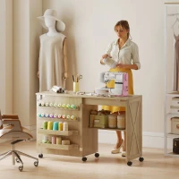 HOMCOM Sewing Machine Table on Wheels, Folding Craft Table with 2 Bins, Storage Shelf, 18 Pegs, Lockable Wheels, Natural(m-8)