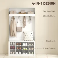 HOMCOM 4-In-1 Hall Tree with Bench and Shoe Storage, Farmhouse Coat Rack Shoe Bench with 12 Shoe Cubbies, 6 Hooks, White(m-4)