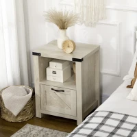 HOMCOM Side Table with Storage, Farmhouse End Table with Drawer, Open Shelf and Barn-style Panel, Nightstand for Living Room, Bedroom, Oak(m-8)