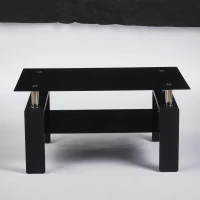 Tempered Glass Coffee Table with Geometric Design, Metal Tubular Legs, Durable Centre Desk for Living Room, 35" L x 19" W x 16.5" H, Black(m-4)