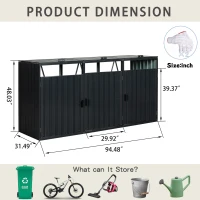 Metal Garbage Bin Shed with Ventilated and Lockable Design, Trash Can Shed Ideal for Outdoor Storage, 94.5'' L x 31.5'' W x 48'' H, Black(m-3)