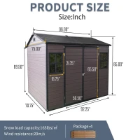 Resin Outdoor Storage Shed with Floor, Lockable Door and Windows, Outbuilding for Garden Hobbyists, 96'' L x 75'' W x 85'' H, Brown(m-3)