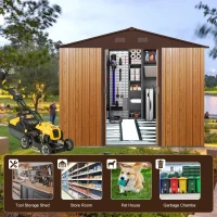 8 x 10 ft Outdoor Metal Storage Shed with Metal Foundation, Sliding Doors, Outbuilding for Garden Hobbyists, 89" L x 114.5" W x 75" H, Coffee(m-5)