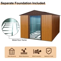 8 x 10 ft Outdoor Metal Storage Shed with Metal Foundation, Sliding Doors, Outbuilding for Garden Hobbyists, 89" L x 114.5" W x 75" H, Coffee(m-7)