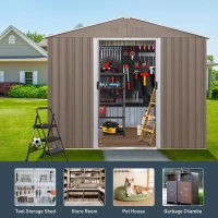 Outdoor Metal Storage Shed with Window and Sliding Doors, Storage Hut with Galvanized Steel Construction, 93'' L x 114.5'' W x 75'' H, Grey(m-5)