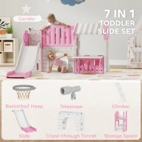 Qaba 7-in-1 Toddler Slide, Kids Slide Climber Playset with Playhouse and Basketball Hoop for 1-4 Years, Pink(m-4)