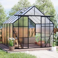 8 x 8 ft Double Door Polycarbonate Greenhouse with Galvanized Base, Walk-in Hothouse for Backyard, 94.5" L x 98" W x 89.5" H, Black(m-1)