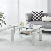Tempered Glass Coffee Table with Geometric Design, Metal Tubular Legs, Durable Centre Desk for Living Room, 35" L x 19" W x 16.5" H, White(m-4)