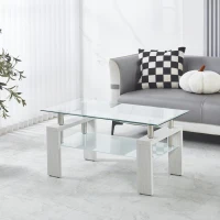 Tempered Glass Coffee Table with Geometric Design, Metal Tubular Legs, Durable Centre Desk for Living Room, 35" L x 19" W x 16.5" H, White(m-1)