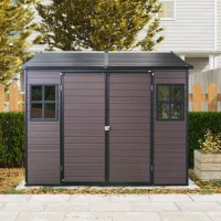 Resin Outdoor Storage Shed with Floor, Lockable Door and Windows, Outbuilding for Garden Hobbyists, 96'' L x 75'' W x 85'' H, Brown(m-1)