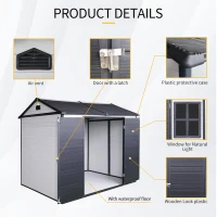 Resin Outdoor Storage Shed with Floor, Lockable Door and Windows, Outbuilding for Garden Hobbyists, 96'' L x 75'' W x 85'' H, Grey+White(m-6)