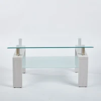 Tempered Glass Coffee Table with Geometric Design, Metal Tubular Legs, Durable Centre Desk for Living Room, 35" L x 19" W x 16.5" H, White(m-8)