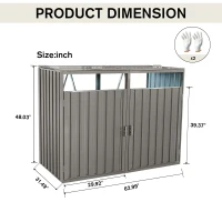 Metal Garbage Bin Shed with Convenient Lid and Springs, Galvanized Steel Outdoor Storage for 2 Trash Cans, 63'' L x 31.5'' W x 48'' H, Grey(m-3)