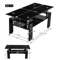 Tempered Glass Coffee Table with Geometric Design, Metal Tubular Legs, Durable Centre Desk for Living Room, 35" L x 19" W x 16.5" H, Black(m-3)
