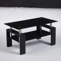 Tempered Glass Coffee Table with Geometric Design, Metal Tubular Legs, Durable Centre Desk for Living Room, 35" L x 19" W x 16.5" H, Black(m-5)