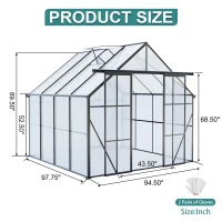 8 x 8 ft Double Door Polycarbonate Greenhouse with Galvanized Base, Walk-in Hothouse for Backyard, 94.5" L x 98" W x 89.5" H, Black(m-3)