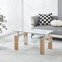 Tempered Glass Coffee Table with Geometric Design, Metal Tubular Legs, Durable Centre Desk for Living Room, 35" L x 19" W x 16.5" H, Natural(m-4)