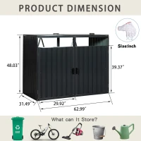 Metal Garbage Bin Shed with Convenient Lid and Springs, Galvanized Steel Outdoor Storage for 2 Trash Cans, 63'' L x 31.5'' W x 48'' H, Charcoal(m-3)