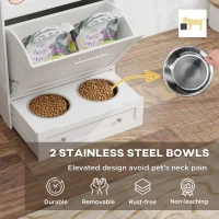 PawHut Pet Feeder Station Storage Cabinet, Dog Food Storage Container with Dog Raised Bowls, Watering Supplies, White(m-4)