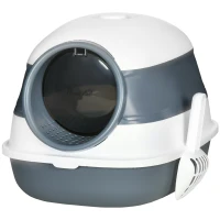 PawHut Foldable Large Cat Litter Box with Lid, Covered Kitten Litter Box w/ Automatic Cat Litter-Proof Sides, Deodorization, Easy to Clean, White and Grey(m-11)