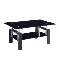 Tempered Glass Coffee Table with Geometric Design, Metal Tubular Legs, Durable Centre Desk for Living Room, 35" L x 19" W x 16.5" H, Black(m-2)