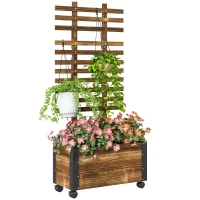 Outsunny Wooden Raised Garden Bed, Planter Box w/ Trellis and Metal Corners, Portable on Wheels for Patio, Backyard, Deck, Brown(m-1)