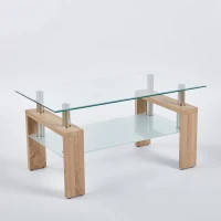 Tempered Glass Coffee Table with Geometric Design, Metal Tubular Legs, Durable Centre Desk for Living Room, 35" L x 19" W x 16.5" H, Natural(m-2)