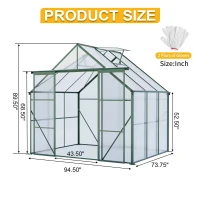 Walk-in Polycarbonate Greenhouse with Double Sliding Doors, Galvanized Base, Heavy Duty Hothouse for Plant, 94.5" L x 74" W x 89.5" H, Green(m-3)