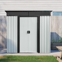 Outdoor Metal Storage Shed with Lockable Sliding Doors, Transparent Panels, Outbuilding for Backyard, 77" L x 59.5" W x 71" H, White+Black(m-1)