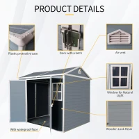 Resin Outdoor Storage Shed with Floor, Lockable Door and Windows, Waterproof Outbuilding for Backyard, 96" L x 75" W x 85" H, Grey(m-6)