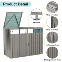 Metal Garbage Bin Shed with Convenient Lid and Springs, Galvanized Steel Outdoor Storage for 2 Trash Cans, 63'' L x 31.5'' W x 48'' H, Grey(m-4)