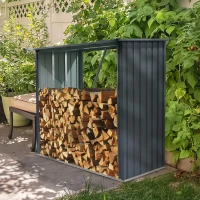 Outdoor Galvanized Steel Firewood Rack with Sloped Roof, Open Wood Shed Perfect for Firewood Storage, 85.5'' L x 35'' W x 60.5'' H, Black(m-7)