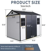 Resin Outdoor Storage Shed with Floor, Lockable Door and Windows, Outbuilding for Garden Hobbyists, 96'' L x 75'' W x 85'' H, Grey+White(m-3)