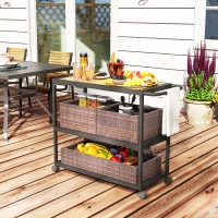 Outsunny Outdoor Bar Cart with Side Handle, 3-Tier Rolling Cart on Wheels with Removable Rattan Basket, Mixed-Brown