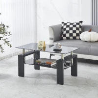 Tempered Glass Coffee Table with Geometric Design, Metal Tubular Legs, Durable Centre Desk for Living Room, 35" L x 19" W x 16.5" H, Black(m-1)